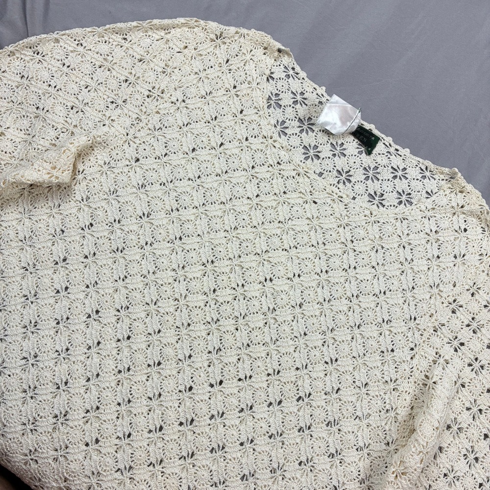 Lauren Ralph Lauren Crochet Sweater Womens 2X Cream Hand Knit Cotton Boho V-Neck
